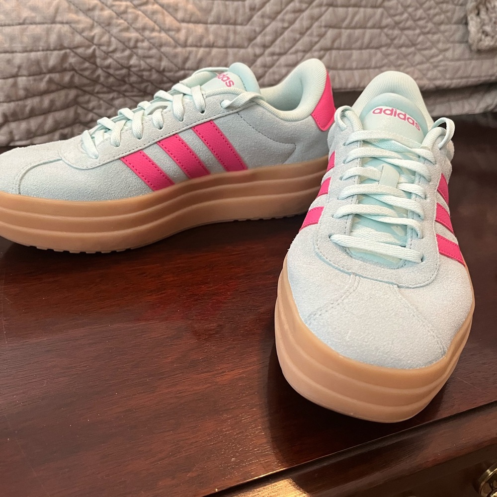 Adidas Women's Sky Blue and Hot Pink Sneakers